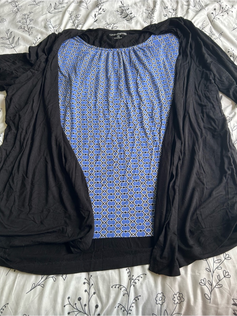 croft & barrow Black Open-Front Cardigan with Blue Geometric Panel